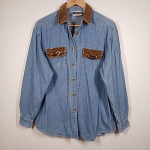 Bill Blass Shirt Men Medium Blue Denim Button Up Brown Collar Vintage